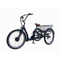 Triciclo eléctrico color azul oscuro,batería de 36V 11.4AH,autonomía 30km,vel máx 25 km/h,250W, llanta delantera de 24"x1.75",posteriores 24"x2.175"
