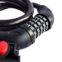 Cable de seguridad para bicicleta/scooter negro, 120cm de largo, 12mm diámetro, bloqueo con combinación de 5 dígitos, cubierta de PVC, incluye soporte